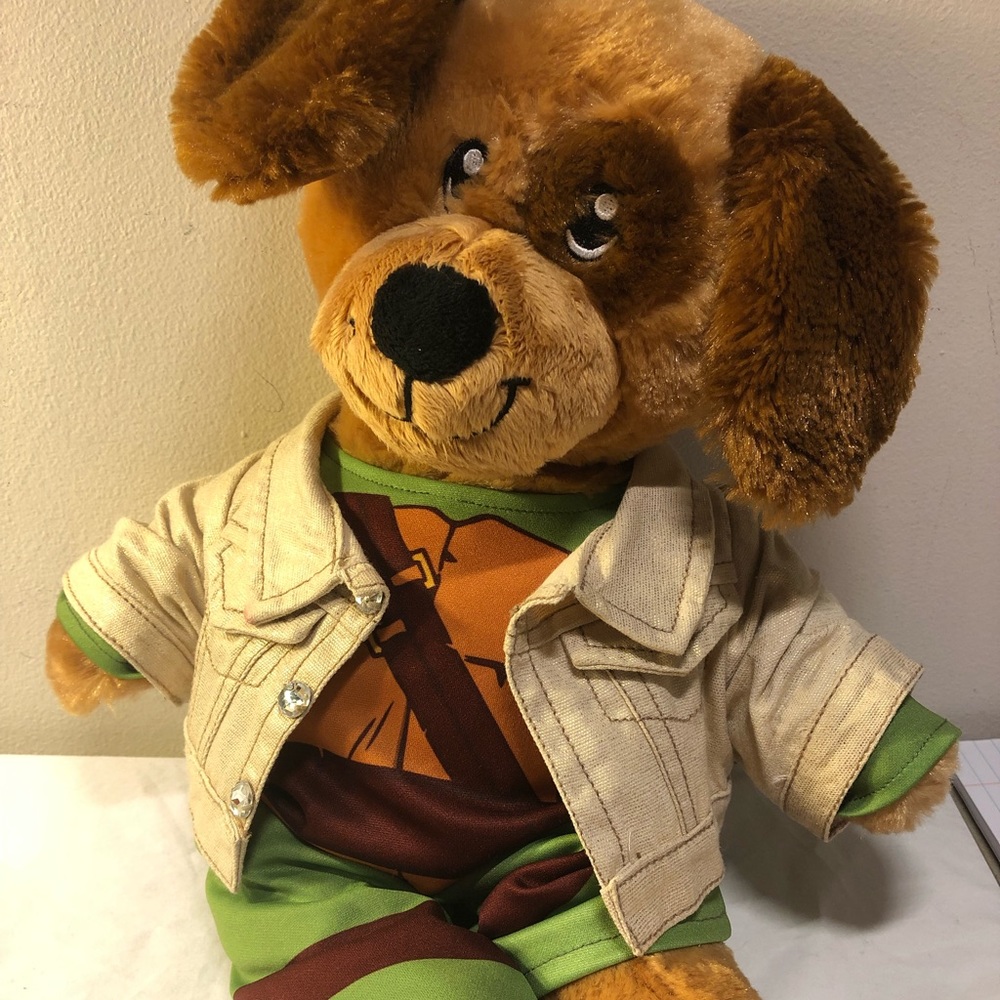 Build A Bear Dog with Teenage Mutant Ninja Turtle costume and Jean jacket